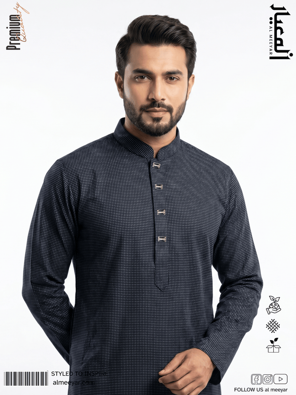 AL MEEYAR premium black textured Panjabi for men with band collar and decorative metal buttons