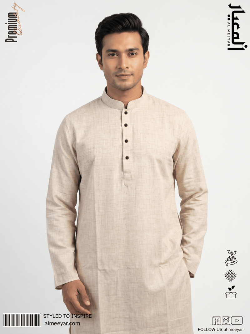 AL MEEYAR men’s beige textured long-sleeve Panjabi with mandarin collar and decorative dark buttons