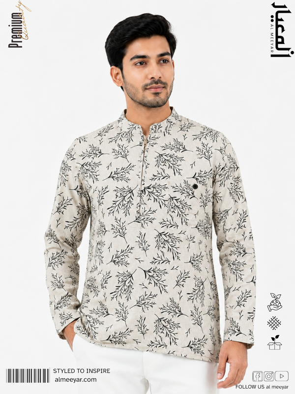 Al Meeyar men’s off-white botanical print Katoya with Mandarin collar
