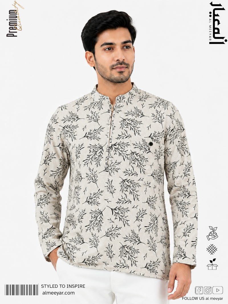 Al Meeyar men’s off-white botanical print Katoya with Mandarin collar