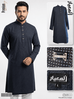 Man wearing a dark gray kurta with white pants, surrounded by product images and branding elements.