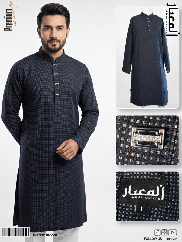 Man wearing a dark gray kurta with white pants, surrounded by product images and branding elements.